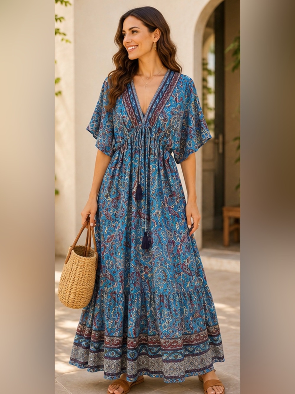Elegance Italy NWT 70% Silk Boho Maxi Dress Teal Paisley Flutter Sleeve